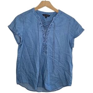 Express Chambray Denim Blue Lace-Up Short Cuffed Sleeve Shirt Size Small